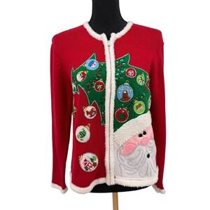 Heirloom Collections Women's Sweater Christmas Red Santa Tree Sequin Beaded 16‎
